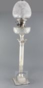 A late Victorian silver corinthian column oil lamp by Walker & Hall, with Evered & Co Ltd patent