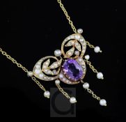 A late Victorian 15ct gold, amethyst and seed pearl drop pendant necklace, 36cm.