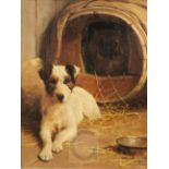 Samuel Fulton (1855-1941)oil on canvasPortrait of a terrier seated beside a barrelsigned18 x 14in.