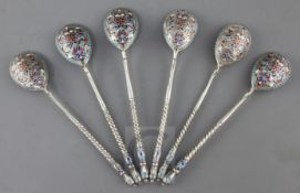 A set of six late 19th century Russian 84 zolotnik silver and cloisonne enamel spoons, assay