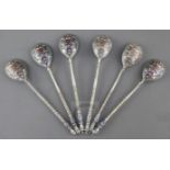 A set of six late 19th century Russian 84 zolotnik silver and cloisonne enamel spoons, assay