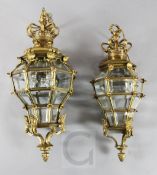 Two Louis XIV style ormolu and glass hall lanterns, one hexagonal the other octagonal, decorated