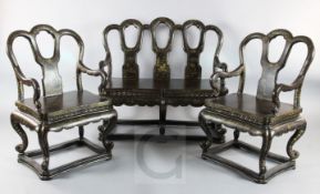 A 19th century Chinese gilt-decorated black lacquer three piece suite, each item decorated with