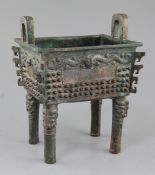 A rare and large Chinese archaic bronze rectangular ritual food vessel, Fangding, late Shang/early