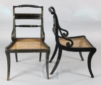 A set of six Regency ebonised dining chairs, with simulated brass stringing and caned seats with