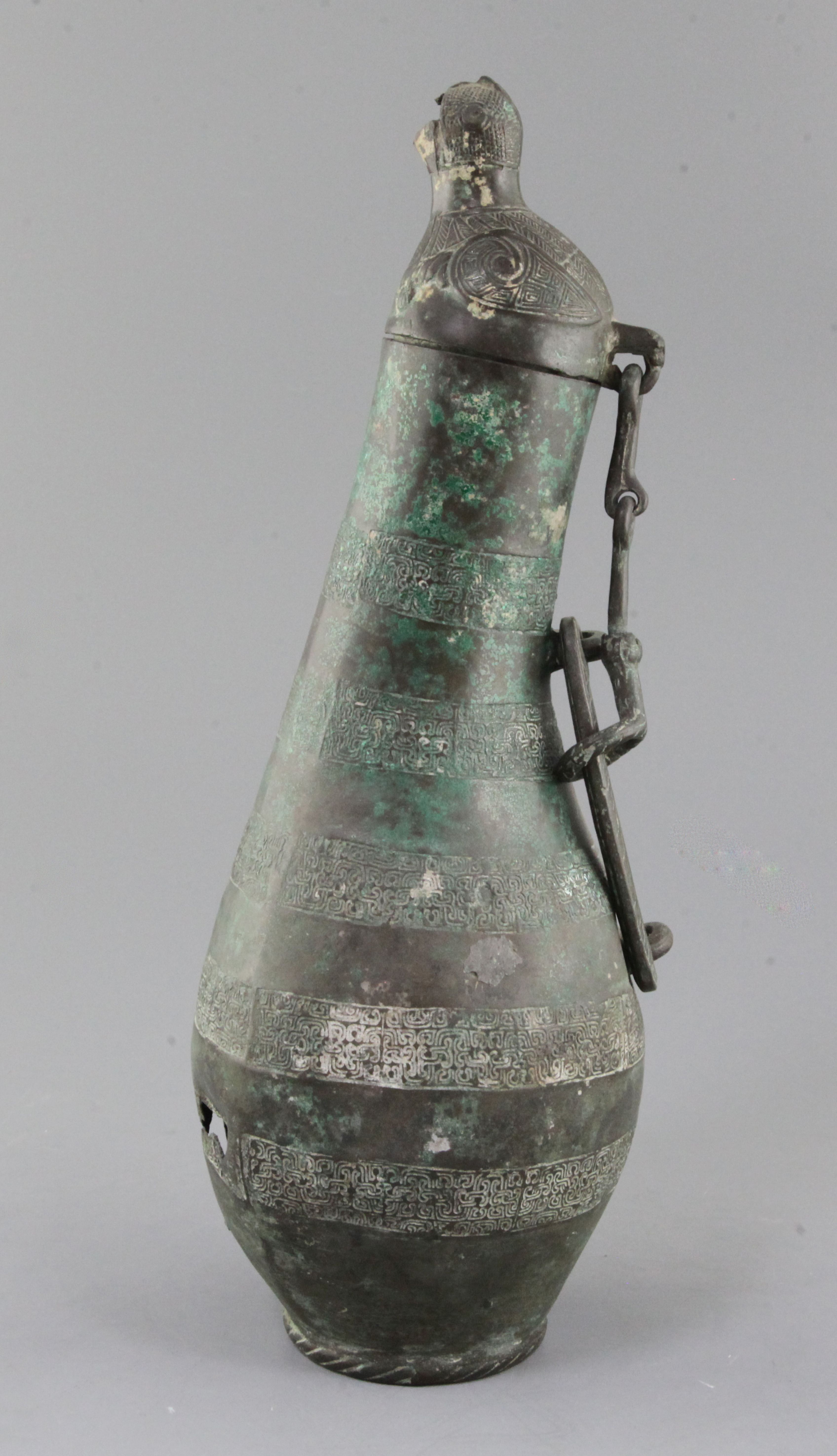 A Chinese archaic bronze flask-shaped ritual wine vessel, Hu, Eastern Zhou dynasty, 5th-4th - Image 3 of 5