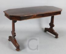 An early Victorian rosewood library table, with octagonal top, single drawer and end supports, W.4ft