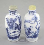 Two Chinese blue and white snuff bottles, 19th century, each painted with sages and attendants in