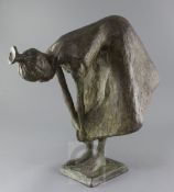 20th century Continental School. A bronze figure of a woman bending over, indistinctly signed,