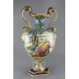 A large Italian maiolica Historiata Campana shaped urn, 20th century, painted with a battle scene