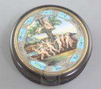 An early 19th century Continental tortoiseshell snuff box, inset with an enamelled and silvered