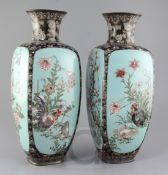A large pair of Japanese cloisonne enamel square baluster vases, Meiji period, inlaid in silver wire