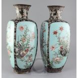 A large pair of Japanese cloisonne enamel square baluster vases, Meiji period, inlaid in silver wire