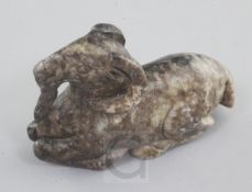 A Chinese grey and black mottled jade figure of a recumbent ram, 18th / 19th century, length 6cm