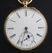 An 18ct gold open face keyless pocket watch, with Roman dial and case with engraved monogram.