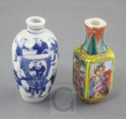 A Chinese blue and white snuff bottle and a Republic period enamelled glass snuff bottle, the blue