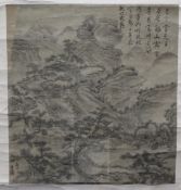 A Chinese silk scroll painting, Qing dynasty, painted with buildings and figures in a river