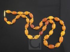 A single strand graduated oval amber bead necklace, gross weight 17 grams, 50cm.