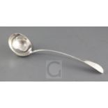 A George III Irish silver Old English pattern soup ladle, by John Shea, with engraved crest, Dublin,