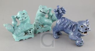 A pair of Chinese robin's egg glazed Buddhist lion jos-stick holders, and a similar figure of a