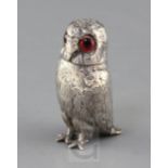 A Victorian novelty silver owl pepperette by George John Richards, with naturalistic feathers and