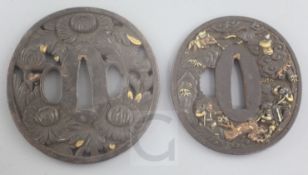 Two Japanese gold inlaid bronze tsuba, 19th century, the first cast in relief with figures and oni