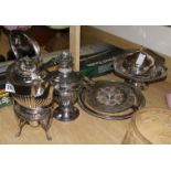 A plated oil lamp, a kettle on stand etc