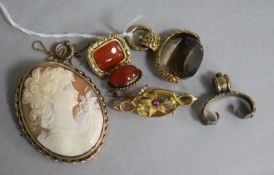 An Edwardian 15ct gold and gem set brooch and other items including a gold mounted cameo brooch.