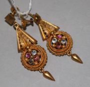 A pair of Victorian style 9ct gold and gem set drop earrings, with foliate and ropetwist decoration,