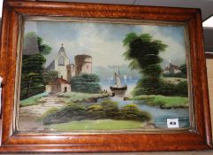 A Victorian reverse painted glass landscape picture,maple framed, 15 x 23in.