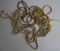 Three 9ct gold chains, a middle Eastern yellow metal and a chain fragment.