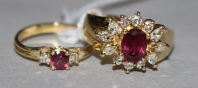 A ruby and diamond cluster ring, 14ct yellow gold shank and a single ruby and diamond ring, 14ct