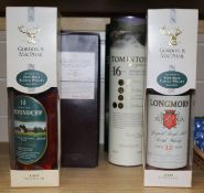 Six assorted bottles of whisky: Tomintoul 16yo, Speyburn 10yo, Highland Speyside 12yo, Glenelgin