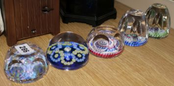Five Whitefriars millefiori glass paperweights