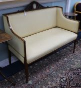 An Edwardian carved and inlaid satinwood two-seat settee, inset oval jasperware classical plaque W.