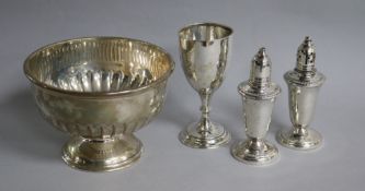A Georg V small silver rose bowl, a silver goblet and a pair of sterling condiments.