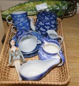 A quantity of mixed blue and white ceramics, A Deco pin dolly and a Carlton ware dish