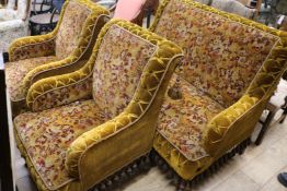 A Victorian three piece velvet covered sofa and a pair of armchairs, Sofa W.130cm