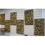 Six Chinese carved giltwood panels of soldiers amid pavilions