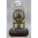 A 19th century brass eight day skeleton timepiece, on stand with a glass dome (the latter broken)