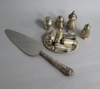 Five assorted silver condiments, four plated condiments and a small tray and a silver handled cake