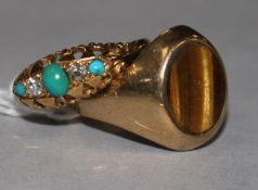 An early 20th century 18ct gold, diamond and turquoise ring and a 9ct gold and tiger's eye quartz