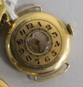 A lady's early 20th century 18ct gold half hunter wrist watch on an 18ct gold flexi-link bracelet,