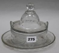 A Regency cut glass butter tub, stand and cover