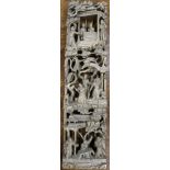 Six Chinese carved giltwood upright panels, soldiers and birds amid foliage