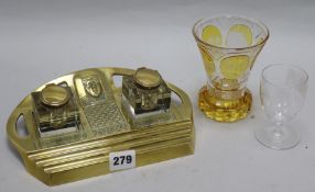 An Art Nouveau brass two bottle inkstand, and two glasses