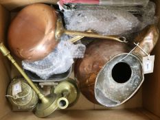 A copper measuring jug, a pair of plated entree dishes and sundry copper and brass items