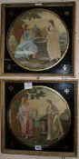 A pair of Regency long threaded silk pictures in verre eglomise mounts