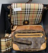 A Burberry bag, scarf, wallet, a Louis Vuitton bag, etc