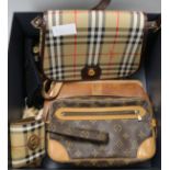 A Burberry bag, scarf, wallet, a Louis Vuitton bag, etc